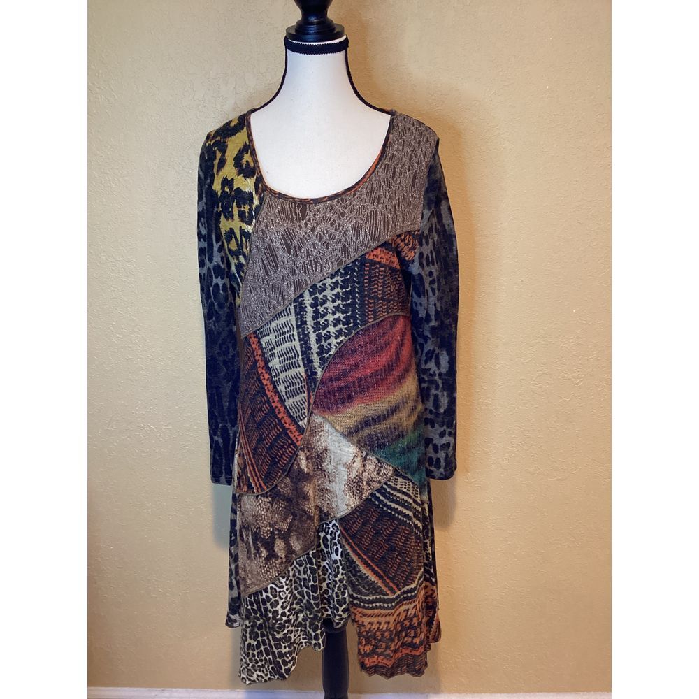 Vintage Concept Patchwork Dress Size Medium, Midi multi color/texture Boho Dress